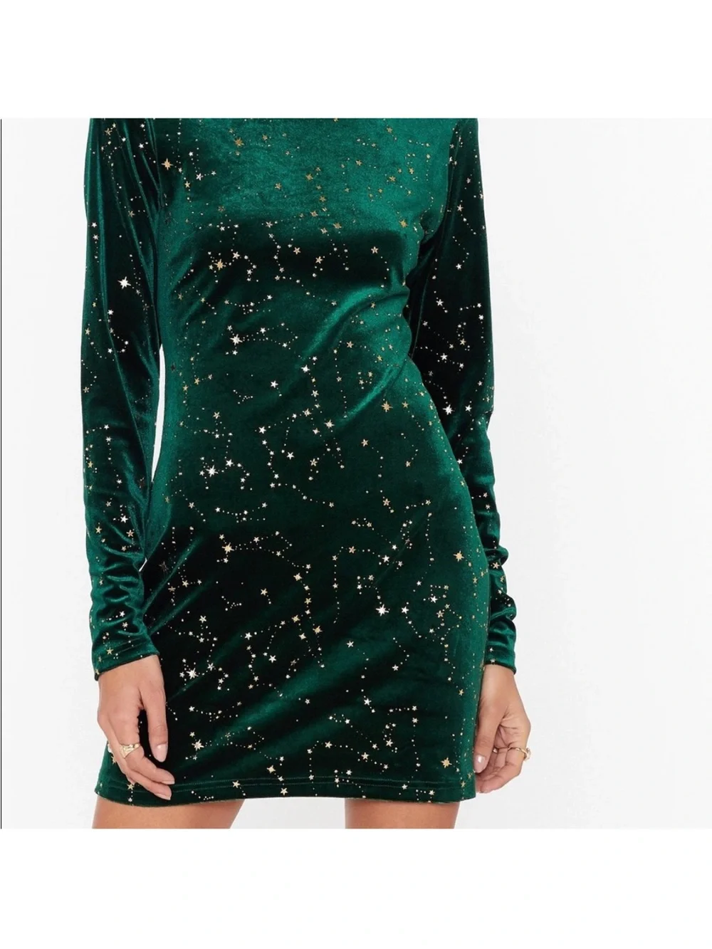 Nasty Gal Emerald Green Velvet Star-Print Long Sleeve Mini Dress - Picture 1 of 3
